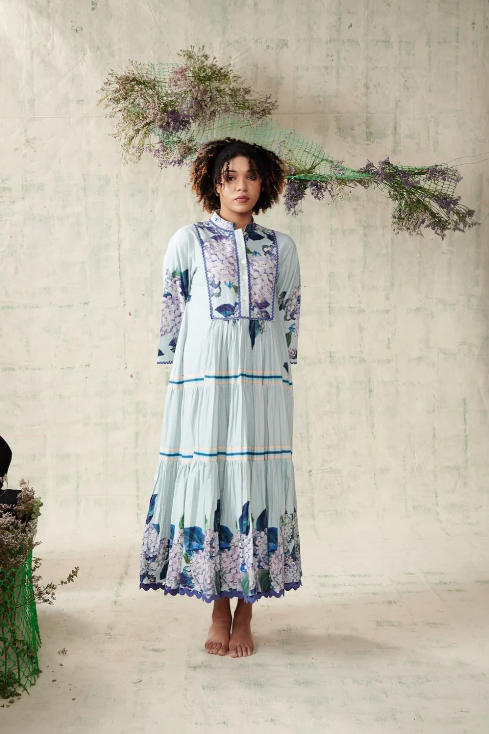 Sky Blue Hydrangea Full Sleeve Dress Thithilii 1